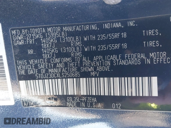 2020 Toyota Sienna LE с VIN 5TDJZ3DCXLS250685, выставлен на аукционе IAAI как лот 40939578 с пробегом 120 763 миль миль и . История ставок и продаж доступна на DreamBid. Изображение 9.