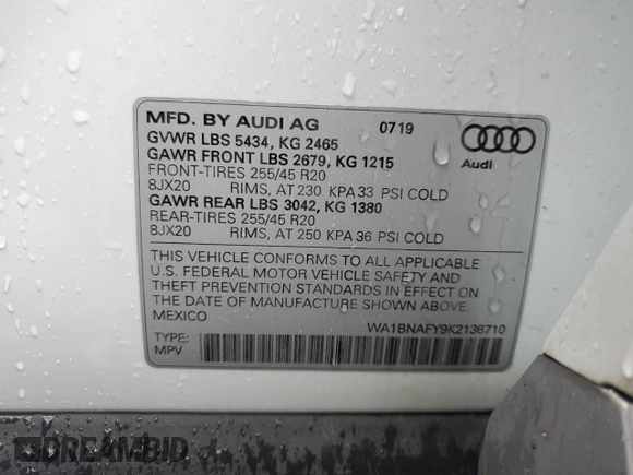2019 Audi Q5 Premium Plus z VIN WA1BNAFY9K2136710, wystawiony jako Copart lot #55997445 z przebiegiem 56 996 mil mil oraz Szkoda całkowita • Salvage title. Historia ofert i sprzedaży dostępna na DreamBid. Obrazek 13.