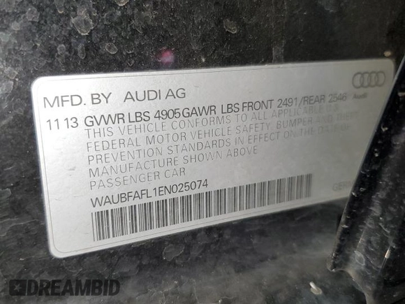 2014 Audi A4 Premium with VIN WAUBFAFL1EN025074, listed as a Copart auction lot 51700855 with 104,662 mi miles and Salvage Title. Bid and sale history available at carsss.com. Image 12.