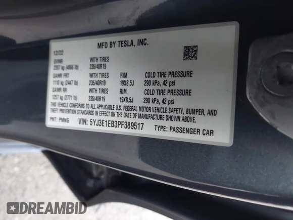 2023 Tesla Model 3 Long Range with VIN 5YJ3E1EB3PF389517, listed as a IAAI auction lot 41484978 with 13,411 mi miles and . Bid and sale history available at DreamBid. Image 9.