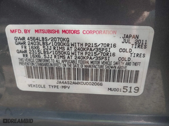 2012 Mitsubishi Outlander ES with VIN JA4AS2AWXCU002066, listed as a IAAI auction lot 42084033 with 160,597 mi miles. Bid and sale history available at carsss.com. Image 9.