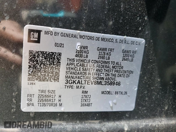 2021 GMC Terrain SLE with VIN 3GKALTEV8ML358946, listed as a Copart auction lot 55696405 with 59,927 mi miles and Salvage title. Bid and sale history available at DreamBid. Image 13.