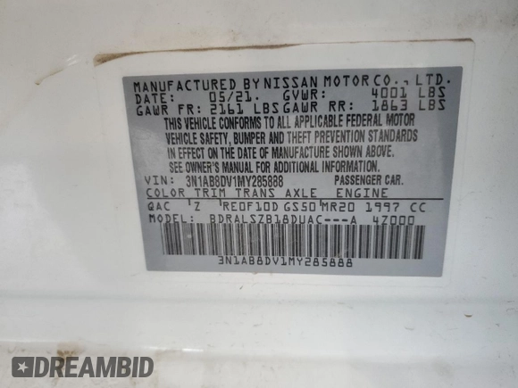 2021 Nissan Sentra SR with VIN 3N1AB8DV1MY285888, listed as a Copart auction lot 51169805 with 40,728 mi miles and Salvage Title. Bid and sale history available at DreamBid. Image 15.