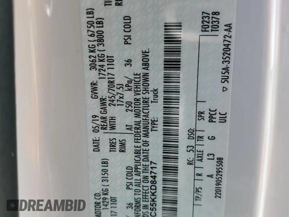 2019 Ford F-150 XL with VIN 1FTMF1C55KKD84717, listed as a Copart auction lot 55502855 with 179,343 mi miles and Clean title. Bid and sale history available at DreamBid. Image 13.