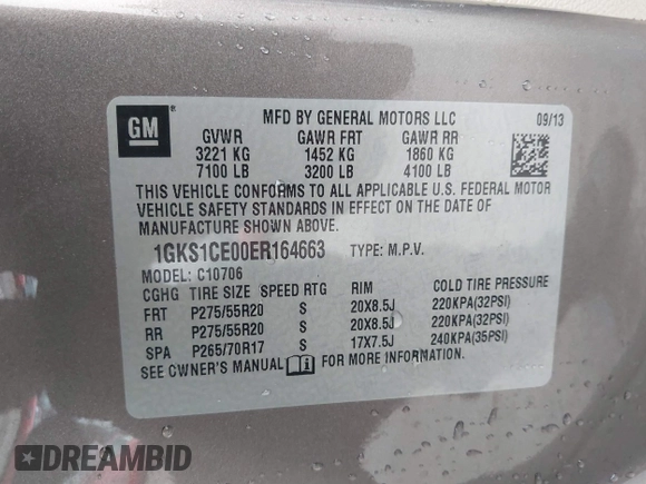 2014 GMC Yukon SLT with VIN 1GKS1CE00ER164663, listed as a IAAI auction lot 41547771 with 178,998 mi miles. Bid and sale history available at carsss.com. Image 9.