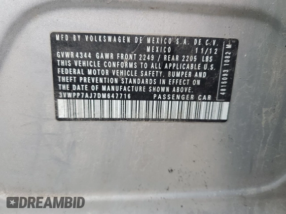 2013 Volkswagen Jetta SportWagen S with VIN 3VWPP7AJ7DM647716, listed as a Copart auction lot 49524925 with 139,153 mi miles and Salvage Title. Bid and sale history available at carsss.com. Image 12.