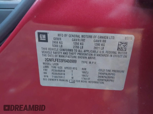 2015 Chevrolet Equinox LT with VIN 2GNFLFE33F6430989, listed as a IAAI auction lot 41198132 with 67,106 mi miles and . Bid and sale history available at DreamBid. Image 9.