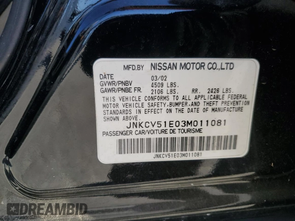2003 Infiniti G35 w/Leather with VIN JNKCV51E03M011081, listed as a Copart auction lot 88648655 with 169,633 mi miles and Salvage Title. Bid and sale history available at carsss.com. Image 12.