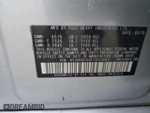 2015 Subaru Legacy Premium with VIN 4S3BNBC68F3050092, listed as a Copart auction lot 82413464 with 211,302 mi miles and Salvage Title. Bid and sale history available at DreamBid. Image 12.
