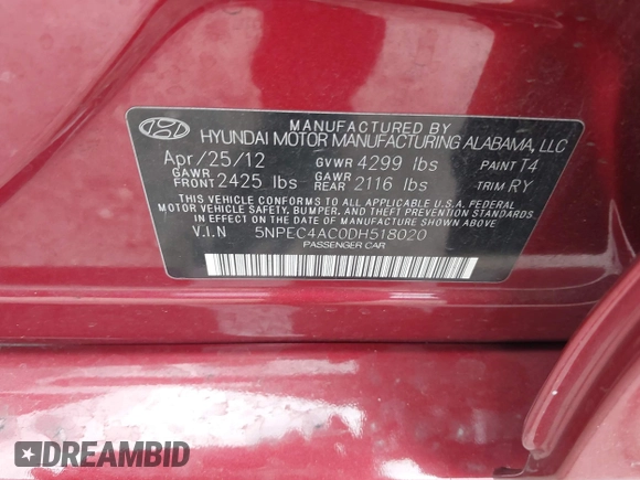 2013 Hyundai Sonata Limited with VIN 5NPEC4AC0DH518020, listed as a IAAI auction lot 41770278 with 98,322 mi miles and . Bid and sale history available at DreamBid. Image 9.