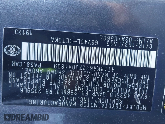 2007 Toyota Camry LE with VIN 4T1BK46K27U044809, listed as a IAAI auction lot 42151495 with 247,984 mi miles and . Bid and sale history available at DreamBid. Image 9.