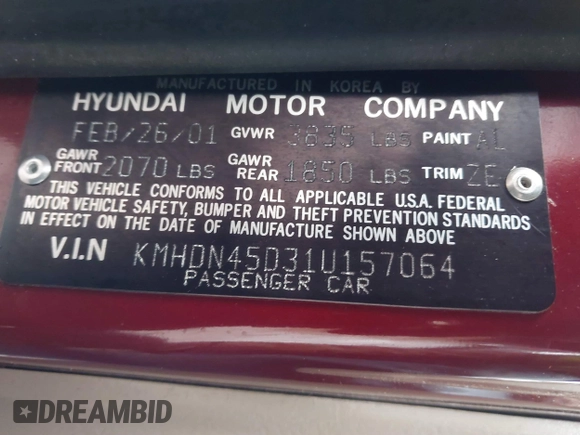 2001 Hyundai Elantra GLS z VIN KMHDN45D31U157064, wystawiony jako IAAI lot #41555447 z przebiegiem Nie podano mil oraz . Historia ofert i sprzedaży dostępna na DreamBid. Obrazek 9.