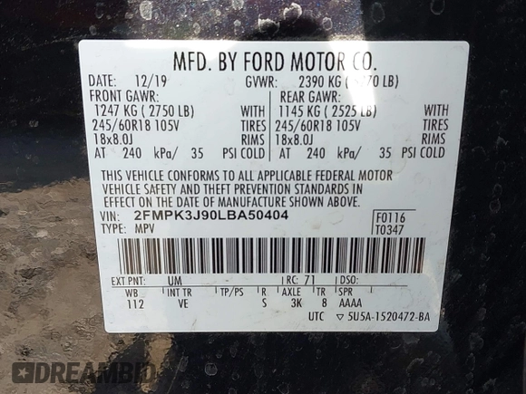 2020 Ford Edge SEL with VIN 2FMPK3J90LBA50404, listed as a IAAI auction lot 42555073 with 42,712 mi miles and . Bid and sale history available at DreamBid. Image 9.