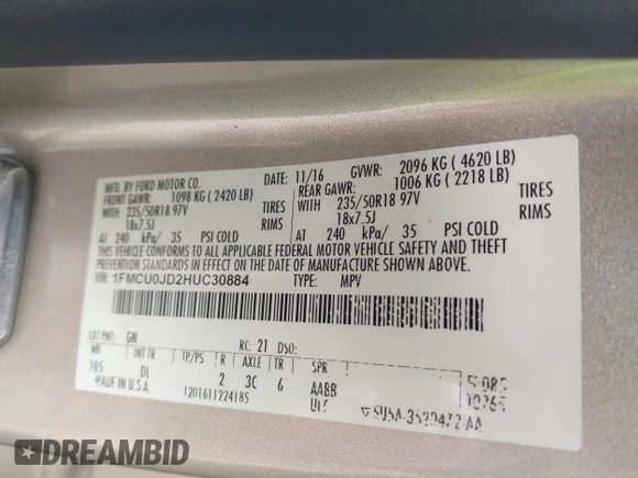 2017 Ford Escape Titanium with VIN 1FMCU0JD2HUC30884, listed as a IAAI auction lot 41801272 with 111,644 mi miles. Bid and sale history available at carsss.com. Image 9.