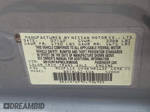 2012 Nissan Versa SV with VIN 3N1CN7AP9CL936955, listed as a IAAI auction lot 42679494 with 45,604 mi miles and . Bid and sale history available at DreamBid. Image 9.