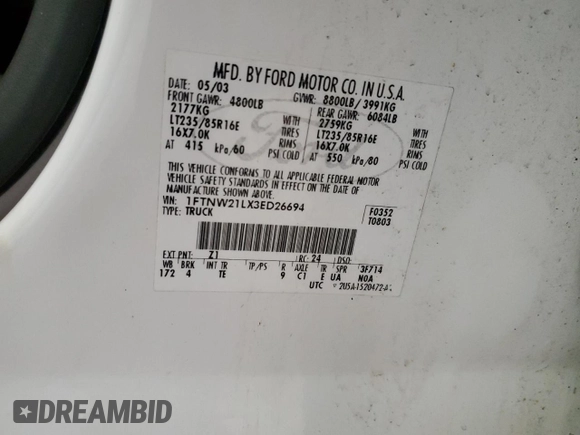 2003 Ford F-250 XL с VIN 1FTNW21LX3ED26694, выставлен на аукционе Copart как лот 85975944 с пробегом 253 392 миль миль и На запчасти • Non repairable. История ставок и продаж доступна на DreamBid. Изображение 13.
