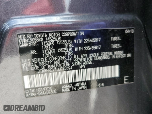 2018 Toyota RAV4 XLE with VIN JTMWFREV1JJ742694, listed as a Copart auction lot 51093695 with 74,502 mi miles and Salvage Title. Bid and sale history available at DreamBid. Image 13.