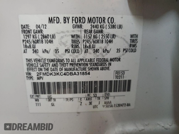 2013 Ford Edge Limited with VIN 2FMDK3KC4DBA31854, listed as a Copart auction lot 46339005 with 65,436 mi miles and Salvage Title. Bid and sale history available at carsss.com. Image 15.
