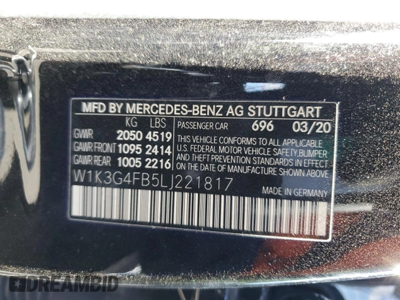 2020 Mercedes-Benz A 220 with VIN W1K3G4FB5LJ221817, listed as a Copart auction lot 44900485 with 61,912 mi miles and Salvage Title. Bid and sale history available at DreamBid. Image 12.