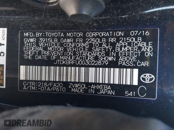 2016 Toyota Prius Two with VIN JTDKBRFU0G3022879, listed as a IAAI auction lot 42155115 with 77,700 mi miles and . Bid and sale history available at carsss.com. Image 9.