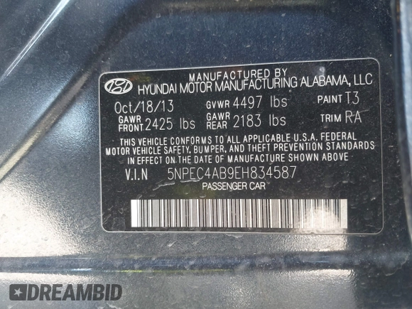 2014 Hyundai Sonata Limited with VIN 5NPEC4AB9EH834587, listed as a IAAI auction lot 41751055 with 193,959 mi miles and . Bid and sale history available at DreamBid. Image 9.