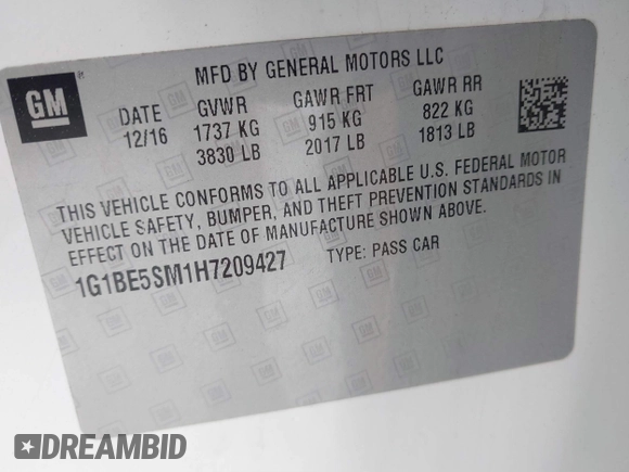 2017 Chevrolet Cruze LT with VIN 1G1BE5SM1H7209427, listed as a IAAI auction lot 41793274 with 118,605 mi miles and . Bid and sale history available at DreamBid. Image 9.