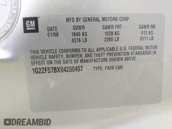 2008 Pontiac G6 1SV Value Leader with VIN 1G2ZF57BX84200497, listed as a IAAI auction lot 42328742 with 97,319 mi miles and . Bid and sale history available at DreamBid. Image 9.