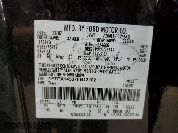 2007 Ford F-150 XLT with VIN 1FTPX14507FB12102, listed as a Copart auction lot 60330255 with 120,585 mi miles and Clean title. Bid and sale history available at DreamBid. Image 12.