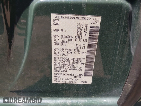 2022 Nissan Frontier SV with VIN 1N6ED1EK2NN617109, listed as a IAAI auction lot 42165508 with 44,504 mi miles and . Bid and sale history available at DreamBid. Image 9.