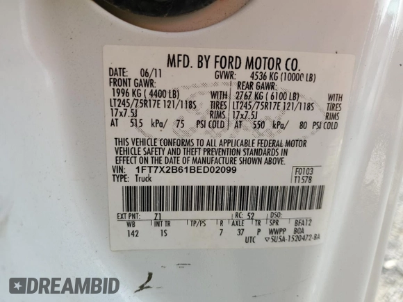 2011 Ford F-250 XL с VIN 1FT7X2B61BED02099, выставлен на аукционе Copart как лот 52741645 с пробегом 219 192 миль миль и Списание • Salvage title. История ставок и продаж доступна на DreamBid. Изображение 12.