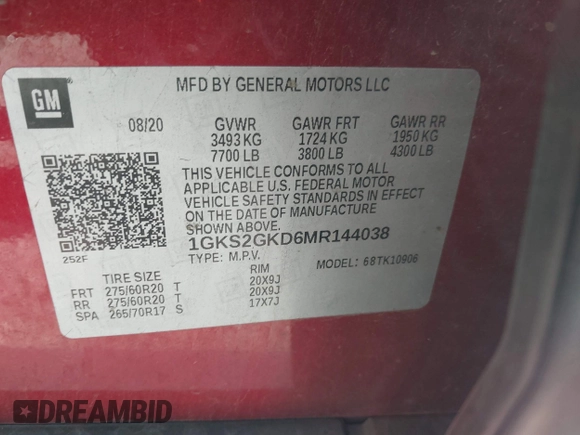 2021 GMC Yukon XL SLT with VIN 1GKS2GKD6MR144038, listed as a IAAI auction lot 41104213 with 98,318 mi miles. Bid and sale history available at carsss.com. Image 9.