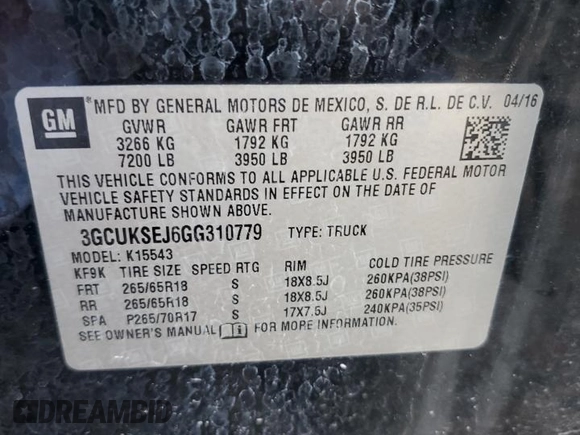 2016 Chevrolet Silverado 1500 LTZ with VIN 3GCUKSEJ6GG310779, listed as a Copart auction lot 75059304 with 204,277 mi miles and Clean Title. Bid and sale history available at DreamBid. Image 12.