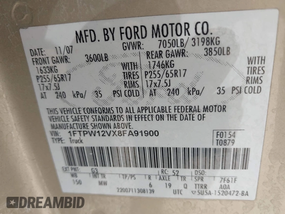 2008 Ford F-150 XLT with VIN 1FTPW12VX8FA91900, listed as a IAAI auction lot 42455455 with 329,039 mi miles and . Bid and sale history available at DreamBid. Image 9.