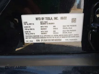 2022 Tesla Model S Plaid with VIN 5YJSA1E61NF483354, listed as a IAAI auction lot 41973636 with 32,541 mi miles and . Bid and sale history available at DreamBid. Image 9.