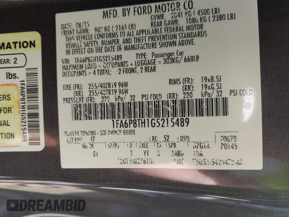 2016 Ford Mustang EcoBoost with VIN 1FA6P8TH1G5215489, listed as a IAAI auction lot 42221155 with 115,615 mi miles and . Bid and sale history available at DreamBid. Image 9.