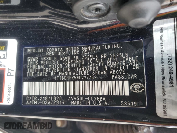 2017 Toyota Camry Hybrid LE z VIN 4T1BD1FK5HU227762, wystawiony jako Copart lot #57797355 z przebiegiem 151 665 mil mil oraz Szkoda całkowita • Salvage title. Historia ofert i sprzedaży dostępna na DreamBid. Obrazek 12.