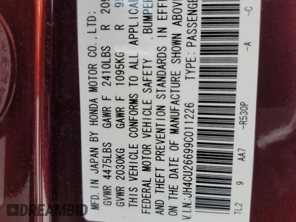 2009 Acura TSX with VIN JH4CU26699C011226, listed as a Copart auction lot 61022275 with 50,214 mi miles and Salvage title. Bid and sale history available at DreamBid. Image 13.