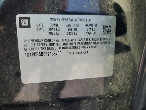2015 Chevrolet Cruze LT with VIN 1G1PC5SB0F7163760, listed as a Copart auction lot 50835265 with 77,229 mi miles and Salvage Title. Bid and sale history available at carsss.com. Image 14.