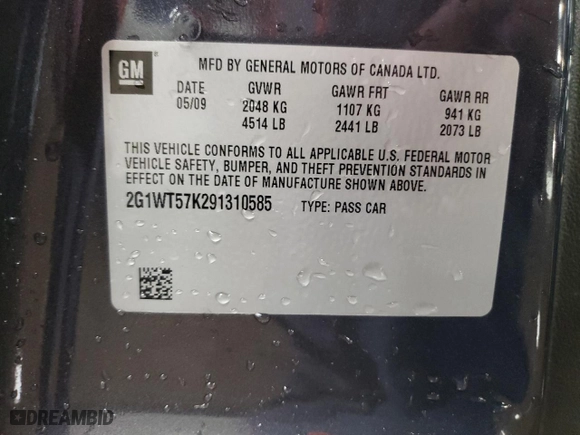 2009 Chevrolet Impala 3.5L LT with VIN 2G1WT57K291310585, listed as a Copart auction lot 46852515 with 130,068 mi miles and Salvage Title. Bid and sale history available at carsss.com. Image 12.