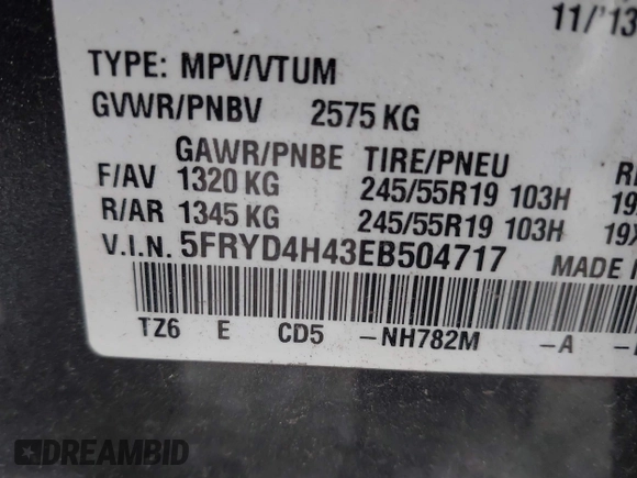 2014 Acura MDX Tech Pkg with VIN 5FRYD4H43EB504717, listed as a IAAI auction lot 41126914 with 1 mi miles. Bid and sale history available at carsss.com. Image 9.