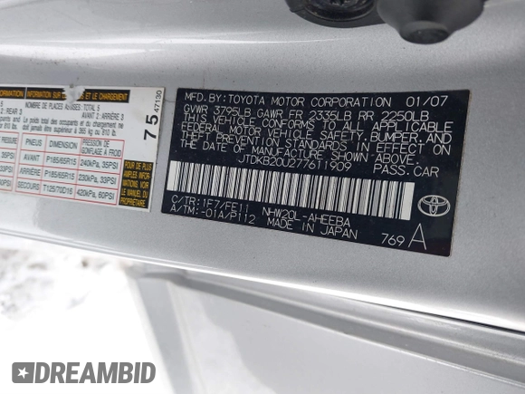 2007 Toyota Prius with VIN JTDKB20U277611909, listed as a IAAI auction lot 41589724 with 116,297 mi miles and . Bid and sale history available at DreamBid. Image 9.