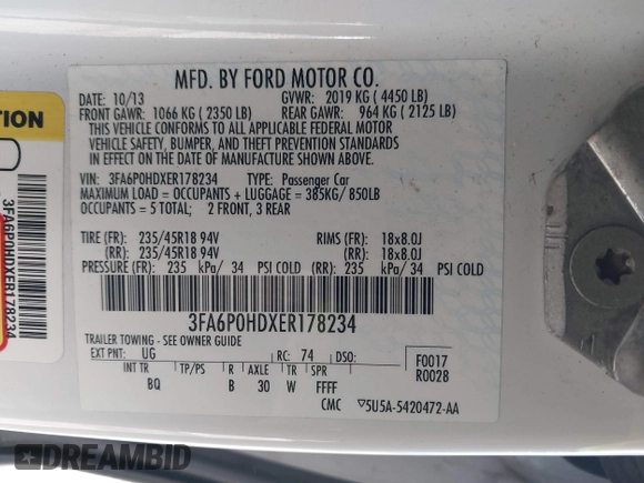 2014 Ford Fusion SE with VIN 3FA6P0HDXER178234, listed as a IAAI auction lot 41810469 with 162,013 mi miles. Bid and sale history available at carsss.com. Image 9.