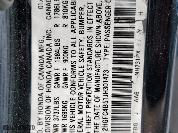 2018 Honda Civic Coupe LX with VIN 2HGFC4B51JH301473, listed as a Copart auction lot 50171155 with 57,028 mi miles and Salvage Title. Bid and sale history available at carsss.com. Image 13.