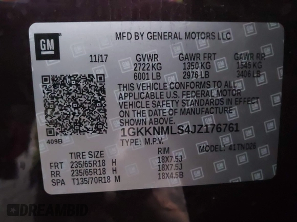 2018 GMC Acadia SLT with VIN 1GKKNMLS4JZ176761, listed as a IAAI auction lot 41456758 with 78,546 mi miles and . Bid and sale history available at carsss.com. Image 9.