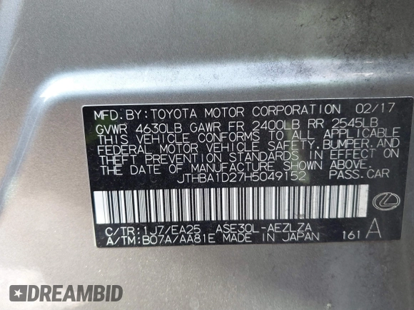 2017 Lexus IS with VIN JTHBA1D27H5049152, listed as a IAAI auction lot 41859592 with 118,567 mi miles. Bid and sale history available at carsss.com. Image 9.