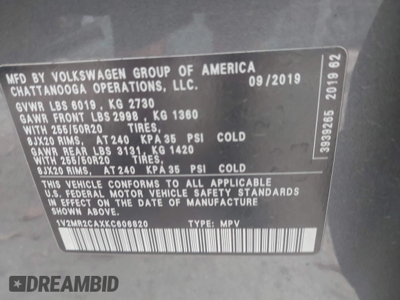 2019 Volkswagen Atlas SEL with VIN 1V2MR2CAXKC606820, listed as a IAAI auction lot 41174864 with 157,416 mi miles and . Bid and sale history available at DreamBid. Image 9.