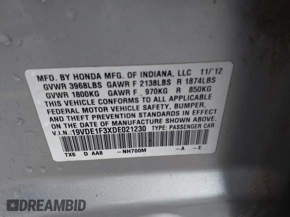 2013 Acura ILX with VIN 19VDE1F3XDE021230, listed as a IAAI auction lot 41586378 with 207,274 mi miles. Bid and sale history available at carsss.com. Image 9.