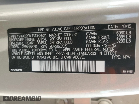 2016 Volvo XC90 T6 Momentum with VIN YV4A22PK1G1039621, listed as a Copart auction lot 51615595 with 134,465 mi miles and Salvage Title. Bid and sale history available at DreamBid. Image 15.