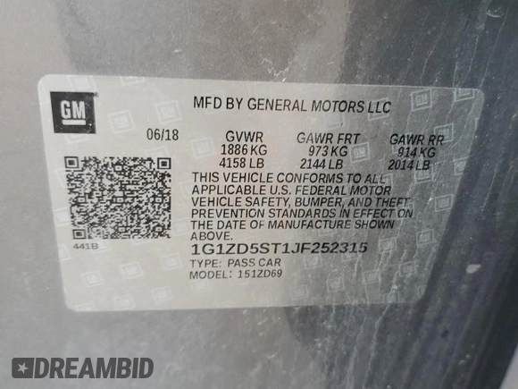 2018 Chevrolet Malibu LT with VIN 1G1ZD5ST1JF252315, listed as a Copart auction lot 57168245 with 75,350 mi miles and Salvage title. Bid and sale history available at DreamBid. Image 12.