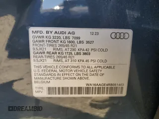 2024 Audi Q8 e-tron z VIN WA16AAGE4RB051463, wystawiony jako Copart lot #55693475 z przebiegiem Nie podano mil oraz Szkoda całkowita • Salvage title. Historia ofert i sprzedaży dostępna na DreamBid. Obrazek 14.